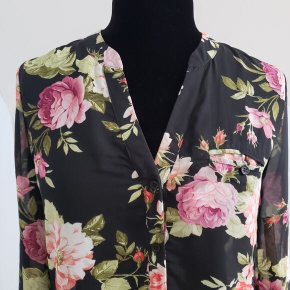 Kut From The Kloth Black and Floral High Low Button Front Tunic Top Medium - Picture 7 of 12